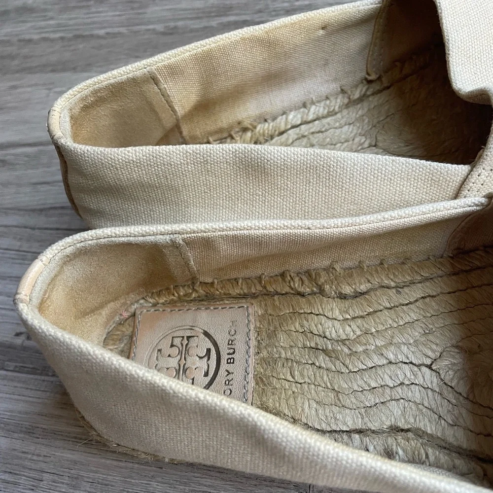 Tory Burch Canvas Espadrille Cream/Black/Tan Slip On Classic Quiet Luxury SZ 7.5
